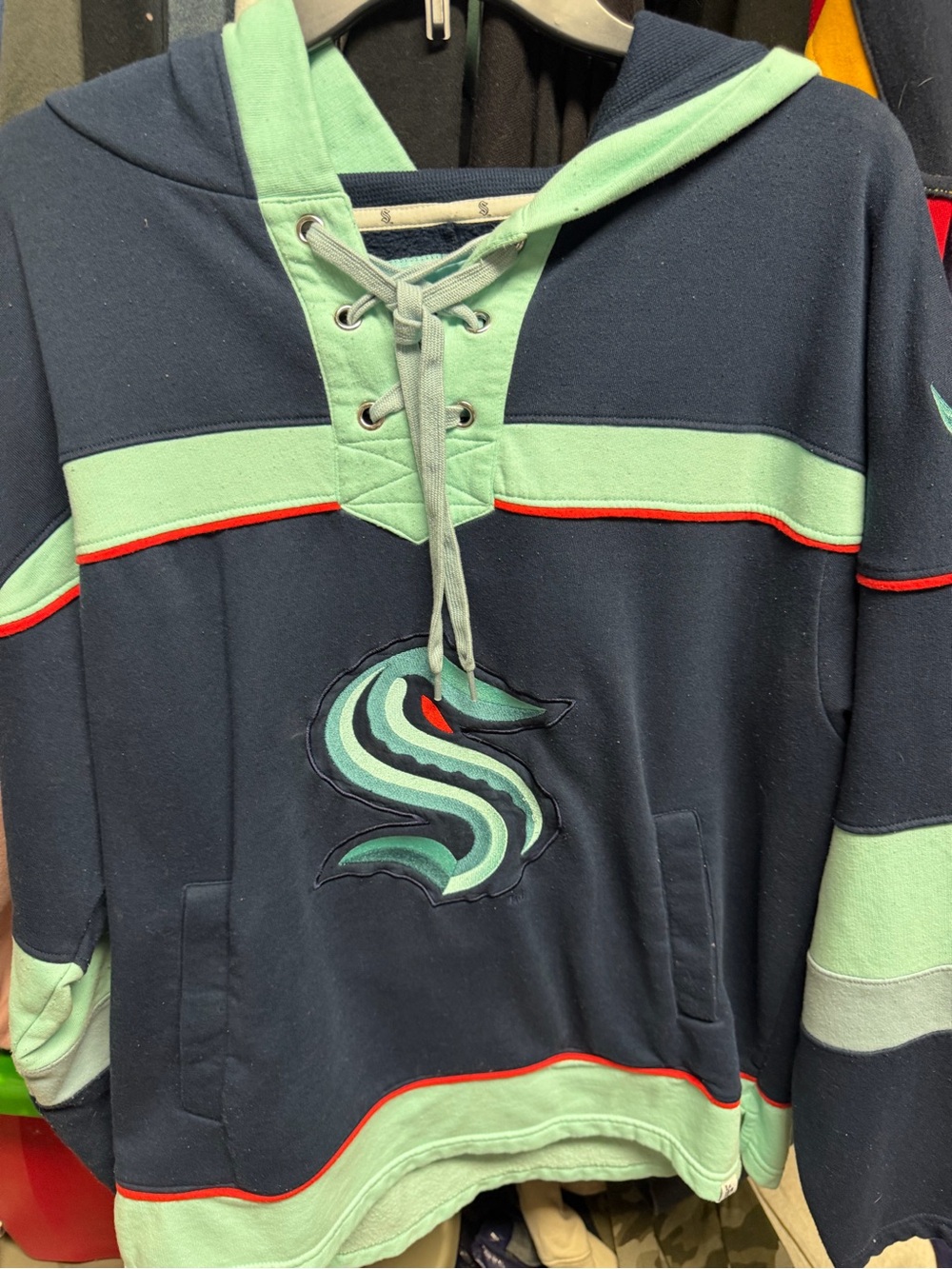 Navy + Mint Striped Lace-Up Pullover Hoodie Seattle Kraken NHL medium lacer EUC